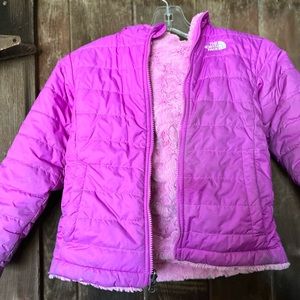 North face reversible, fleece, hooded jacket, 6T.